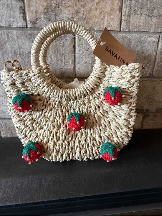 Savannah Handbags - Savannah Cream Straw Tote with Red & Green Strawberry Accents